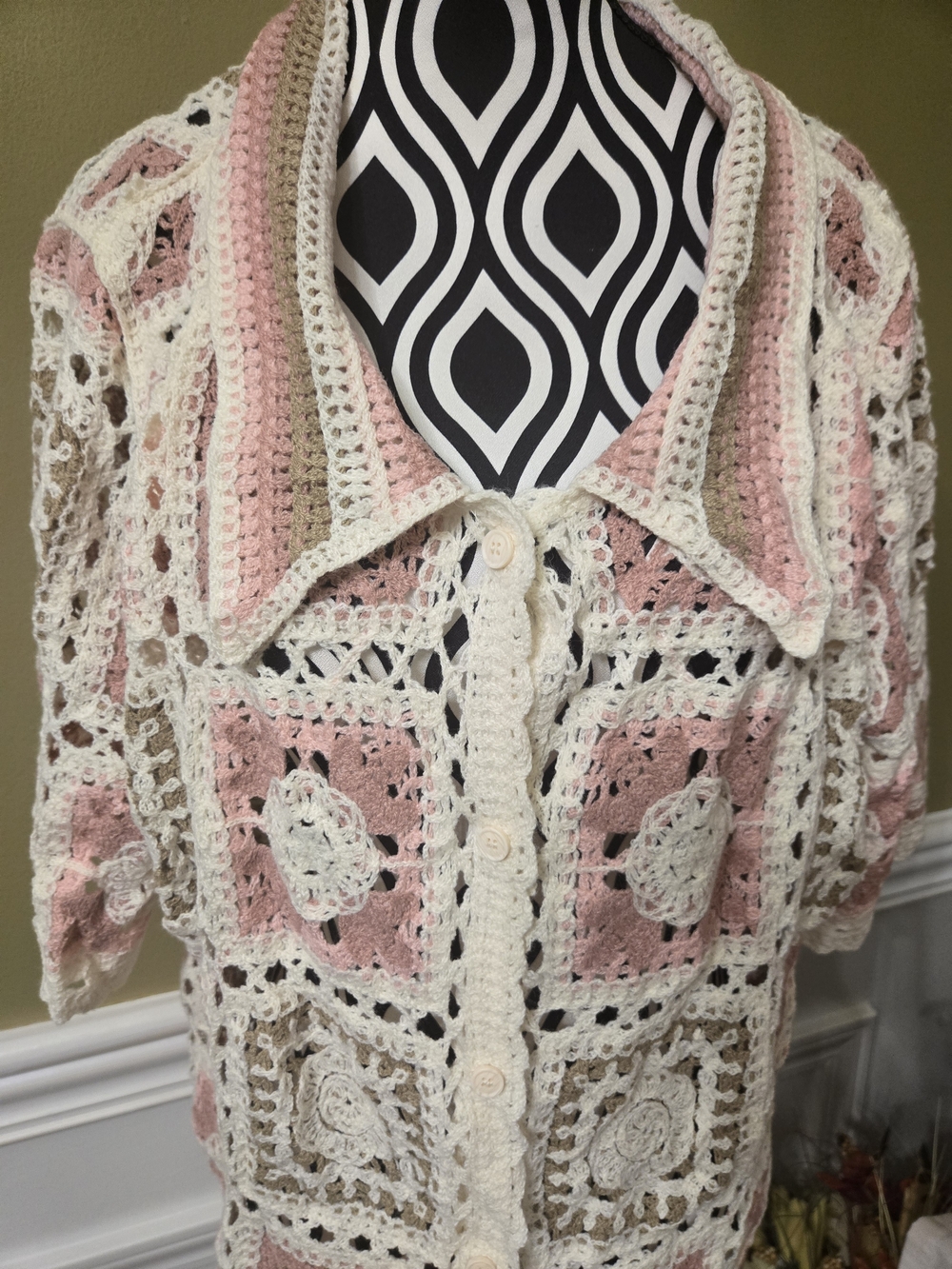 NEW G&D Handmade Crocheted Women's Sweater Cardigan - Pink, Cream & Tan 2X